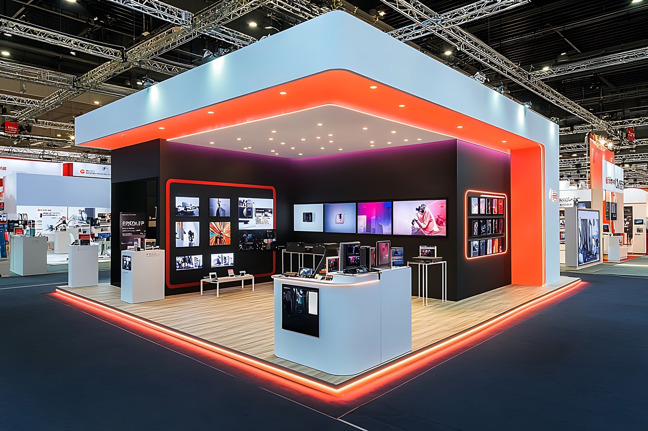 A modern exhibition booth with displays, showcases, and orange accent lighting, situated within a large trade show hall.