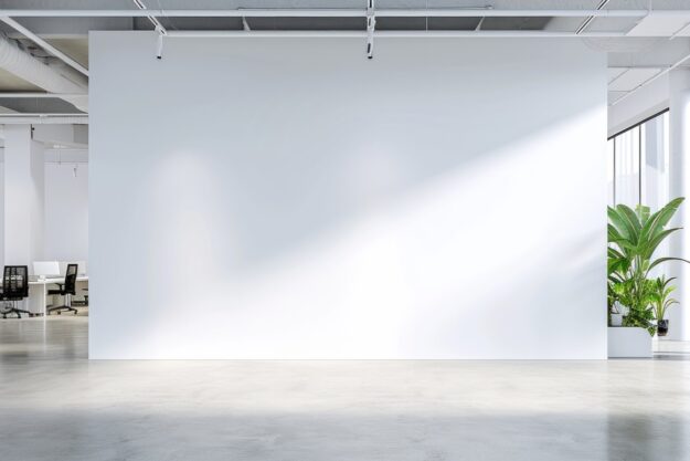 Large white wall mockup in an office building.